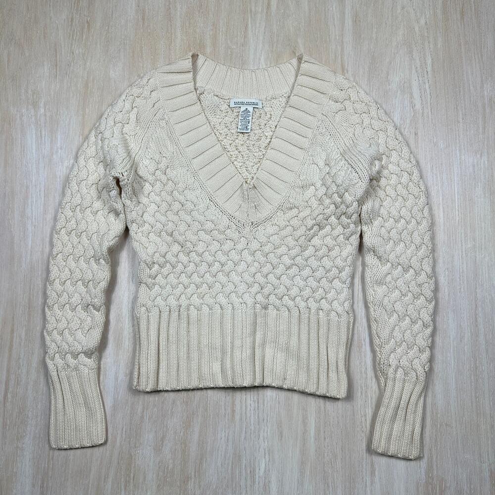 Banana Republic Cream Cable Knit Sweater Merino Wool Blend Deep V-Neck Medium